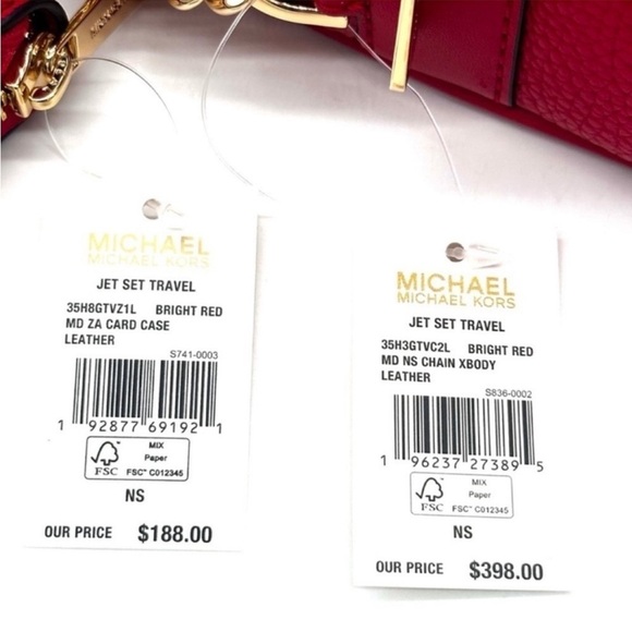 Michael Kors Medium NS Chain Xbody Bag & Jet Set Travel Medium ZA Card Case Red - Picture 12 of 12